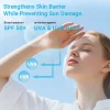 Image highlighting SPF 50+ broad-spectrum sun protection with a focus on UVA and UVB rays. A person is shielding their face with a hand against the sun.