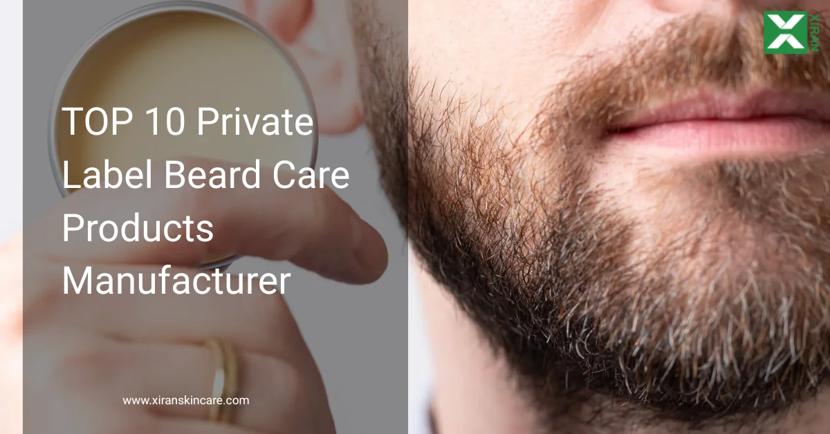 Close-up of a person's hand holding a tin of beard balm, emphasizing beard care products with text overlay about top manufacturers.