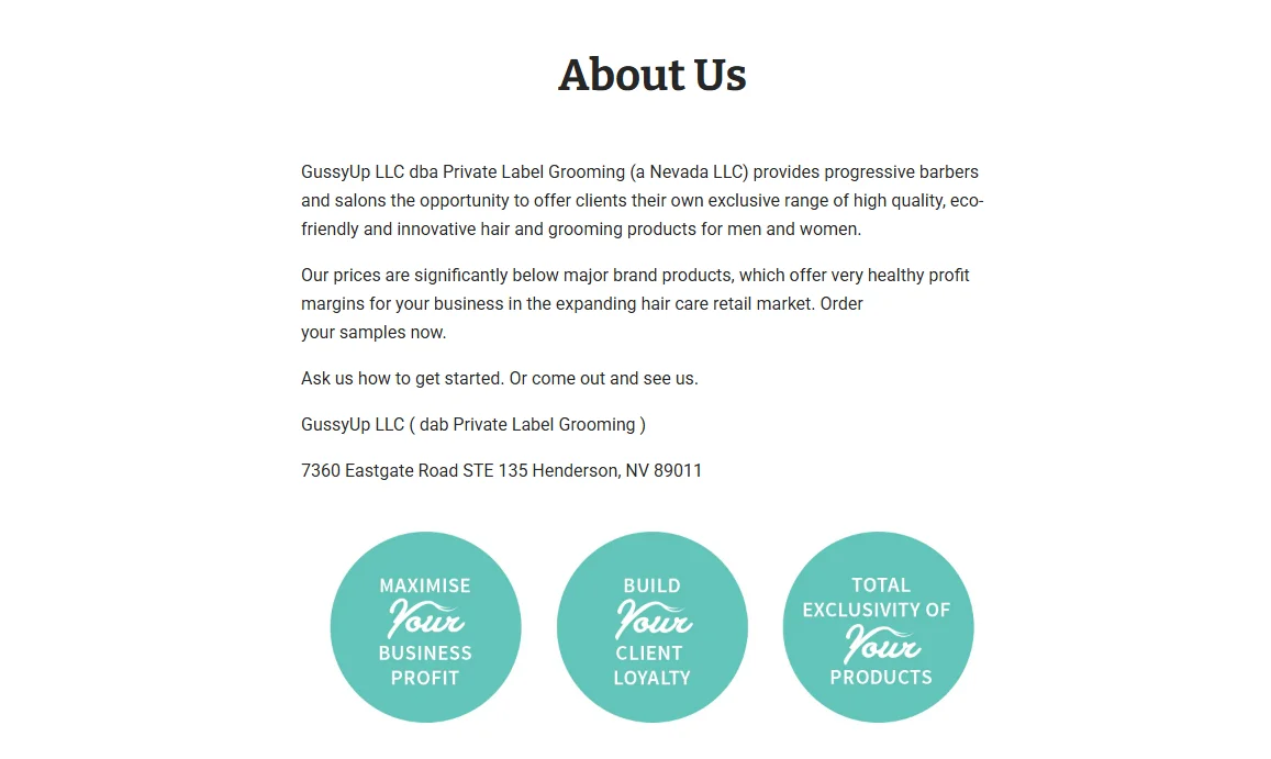 GussyUp LLC's About Us page showing company information with benefits highlighted in circular icons below the text.