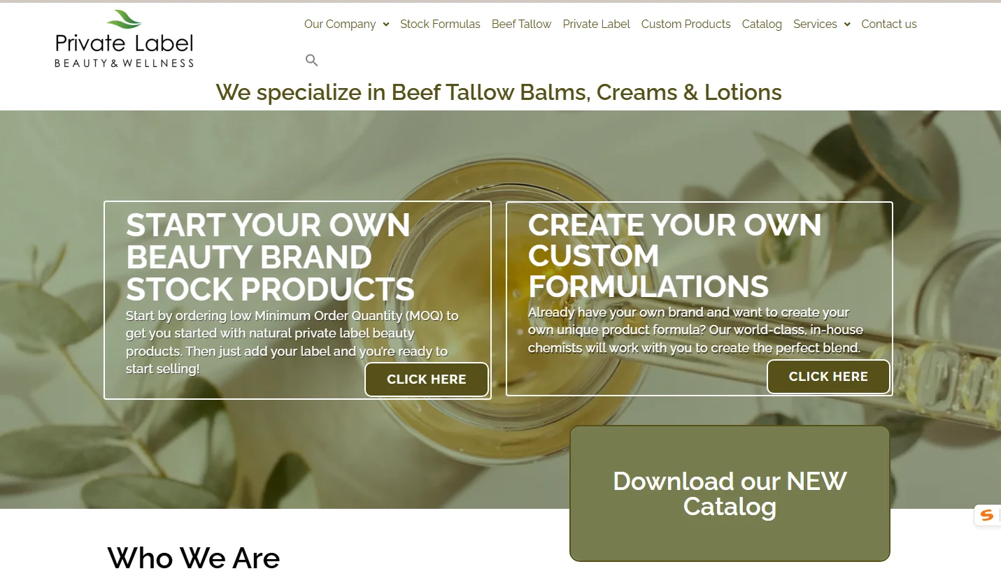 Website banner for Private Label Beauty & Wellness featuring stock product and custom formulation options with clickable buttons.