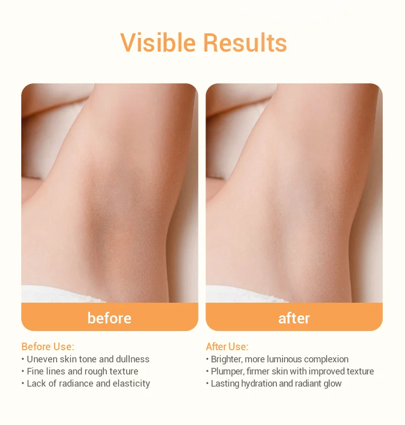 Side-by-side comparison showing skin care results with a before and after effect, emphasizing smoother and more luminous skin.